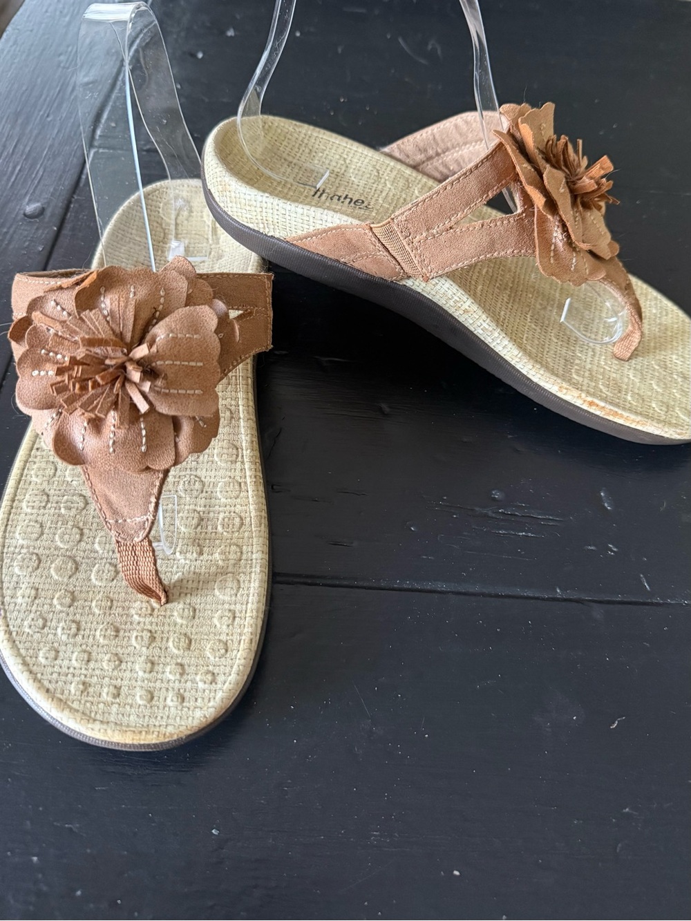 Orthaheel Tan Floral Thong Wedge Sandals